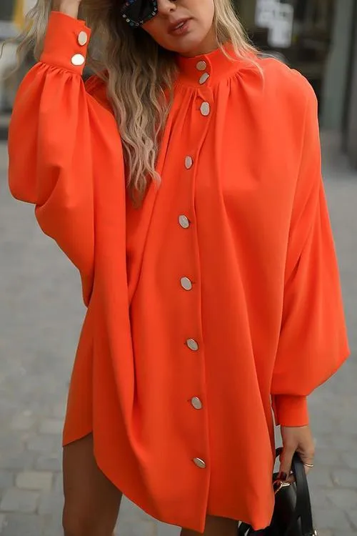 Oversized Button Puff Sleeve Shirt Dress