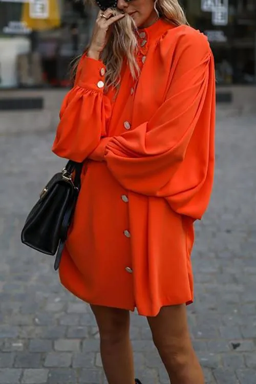 Oversized Button Puff Sleeve Shirt Dress