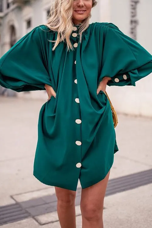 Oversized Button Puff Sleeve Shirt Dress