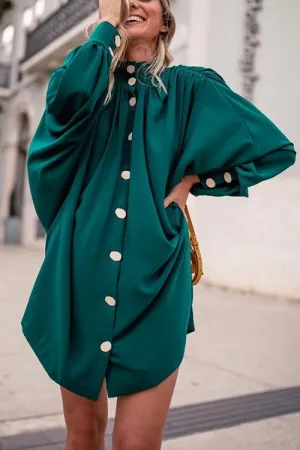 Oversized Button Puff Sleeve Shirt Dress