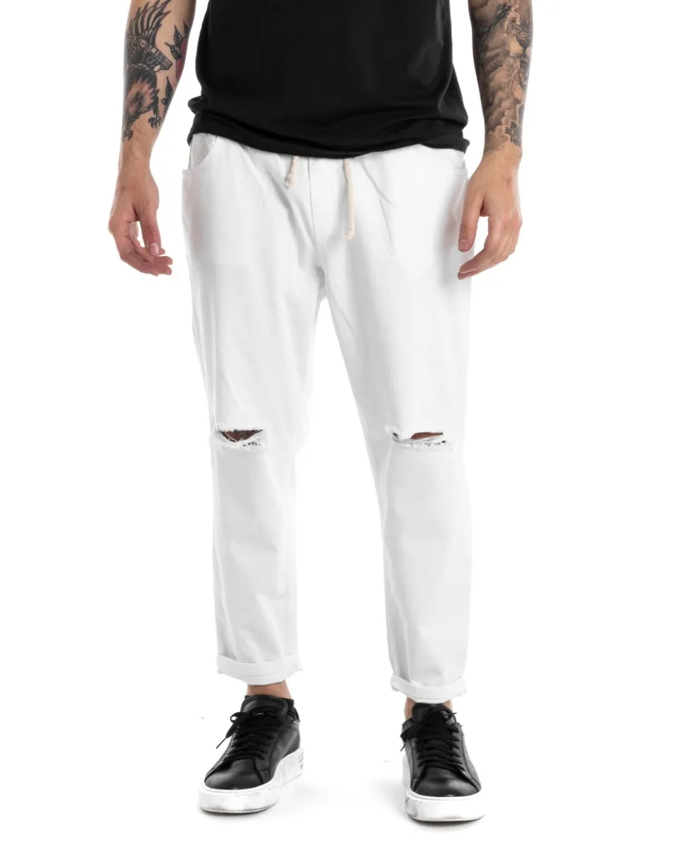 Pantaloni Jeans Uomo Regular Fit Bianco Pantalaccio Taglio al Ginocchio Casual GIOSAL-P5373A