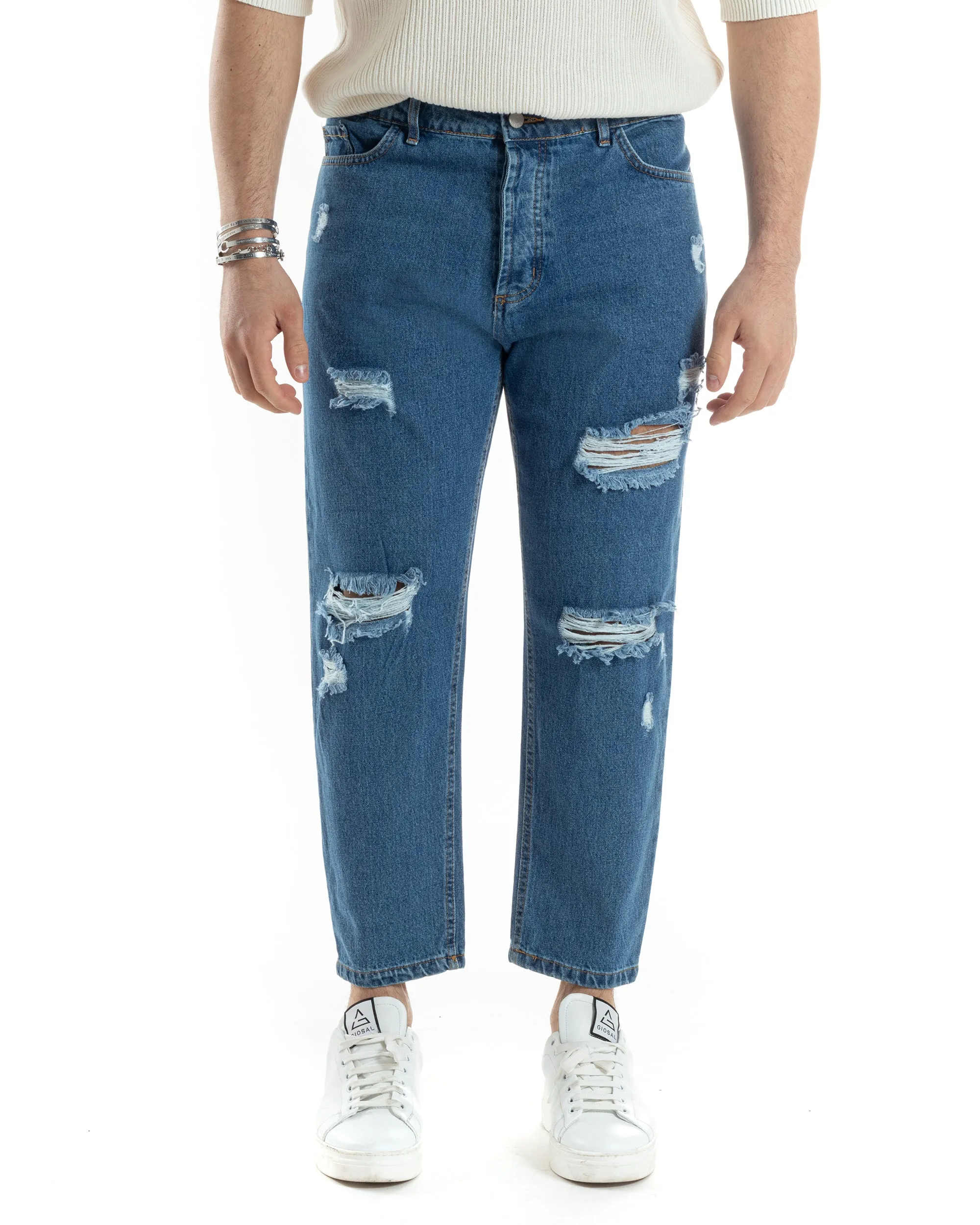 Pantaloni Jeans Uomo Straight Fit Denim Scuro Con Strappi Cinque Tasche Casual GIOSAL-JS1008A