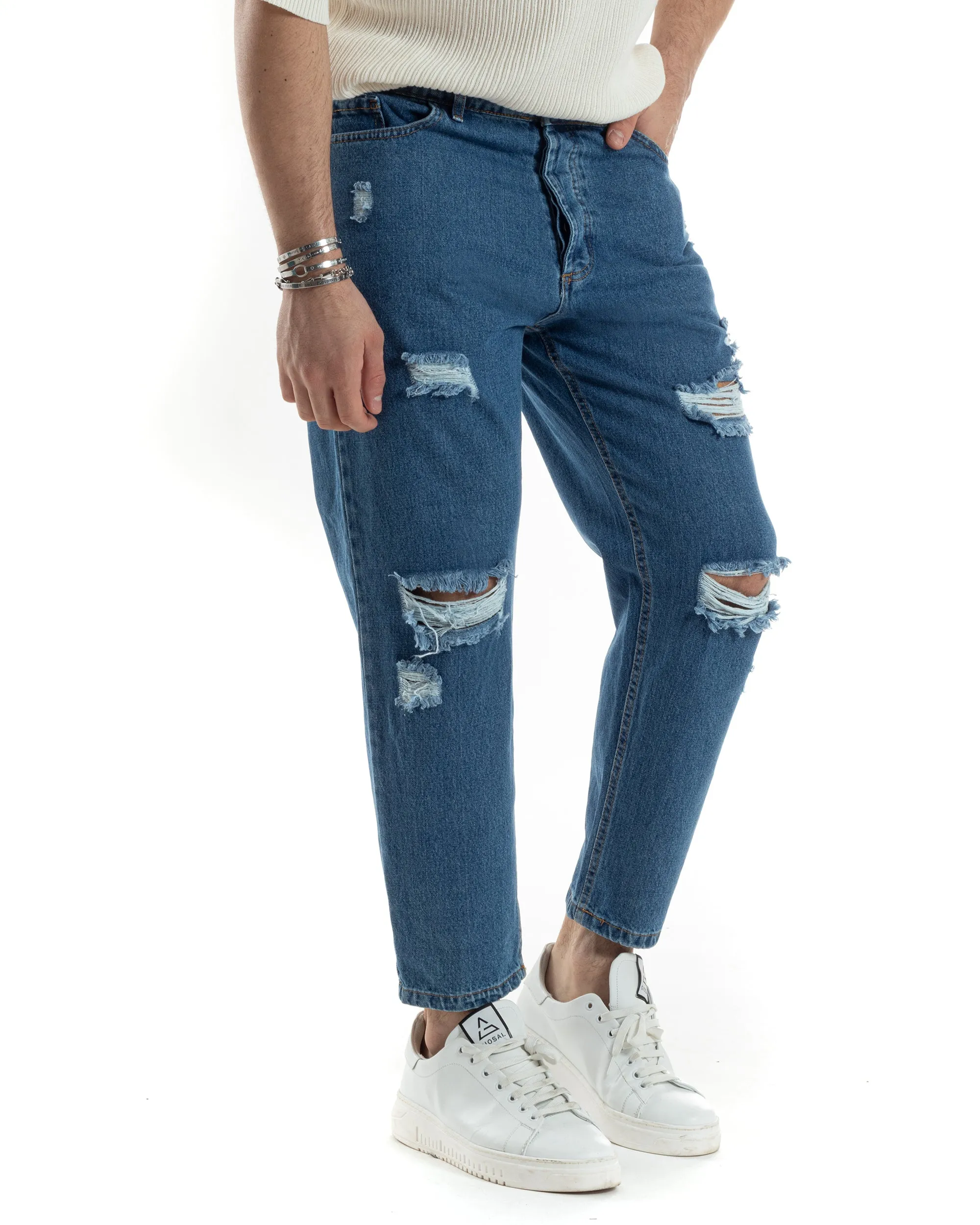 Pantaloni Jeans Uomo Straight Fit Denim Scuro Con Strappi Cinque Tasche Casual GIOSAL-JS1008A