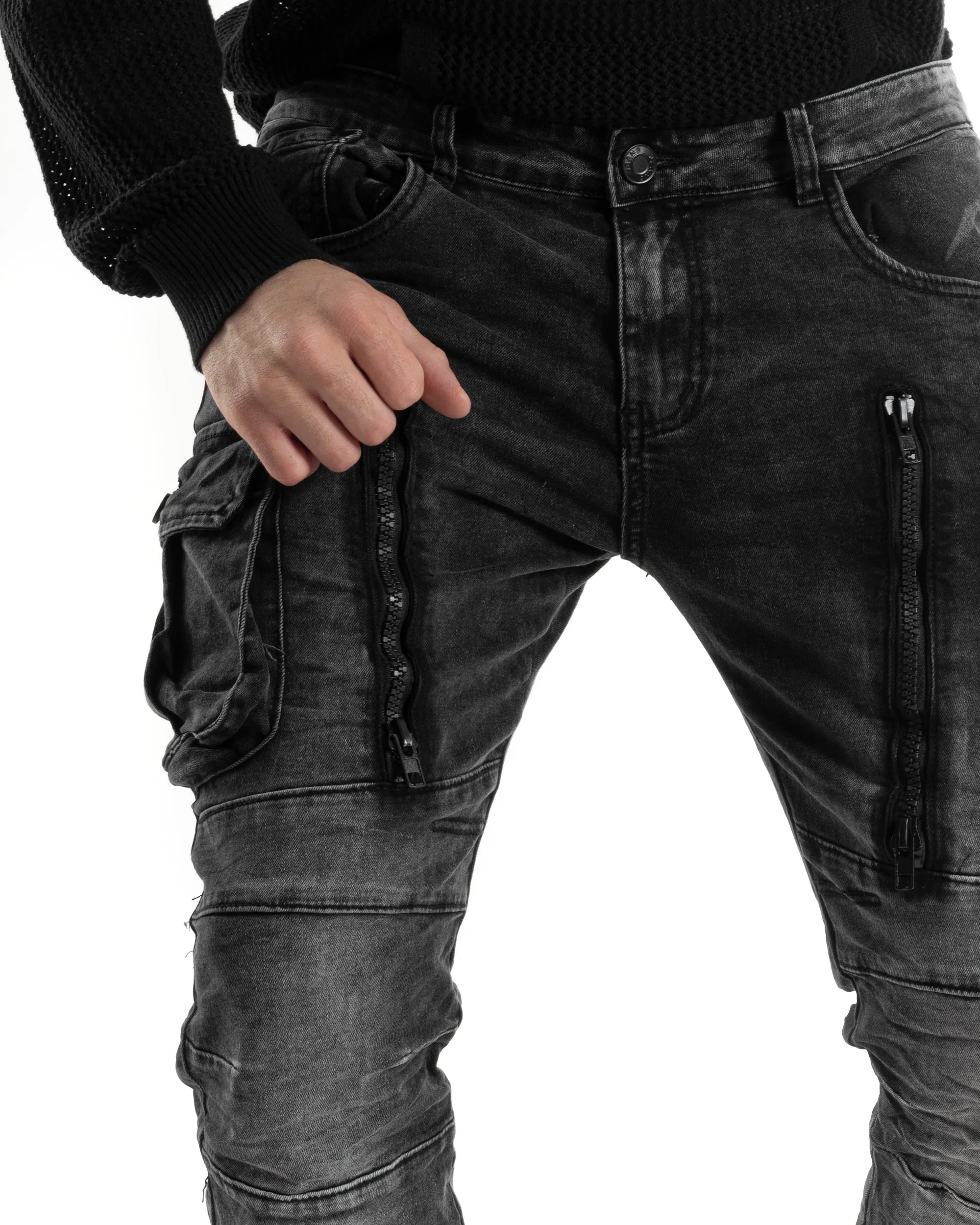 Pantaloni Uomo Jeans Con Tasconi Cargo Biker Con Zip Skinny Nero GIOSAL-JS1021A