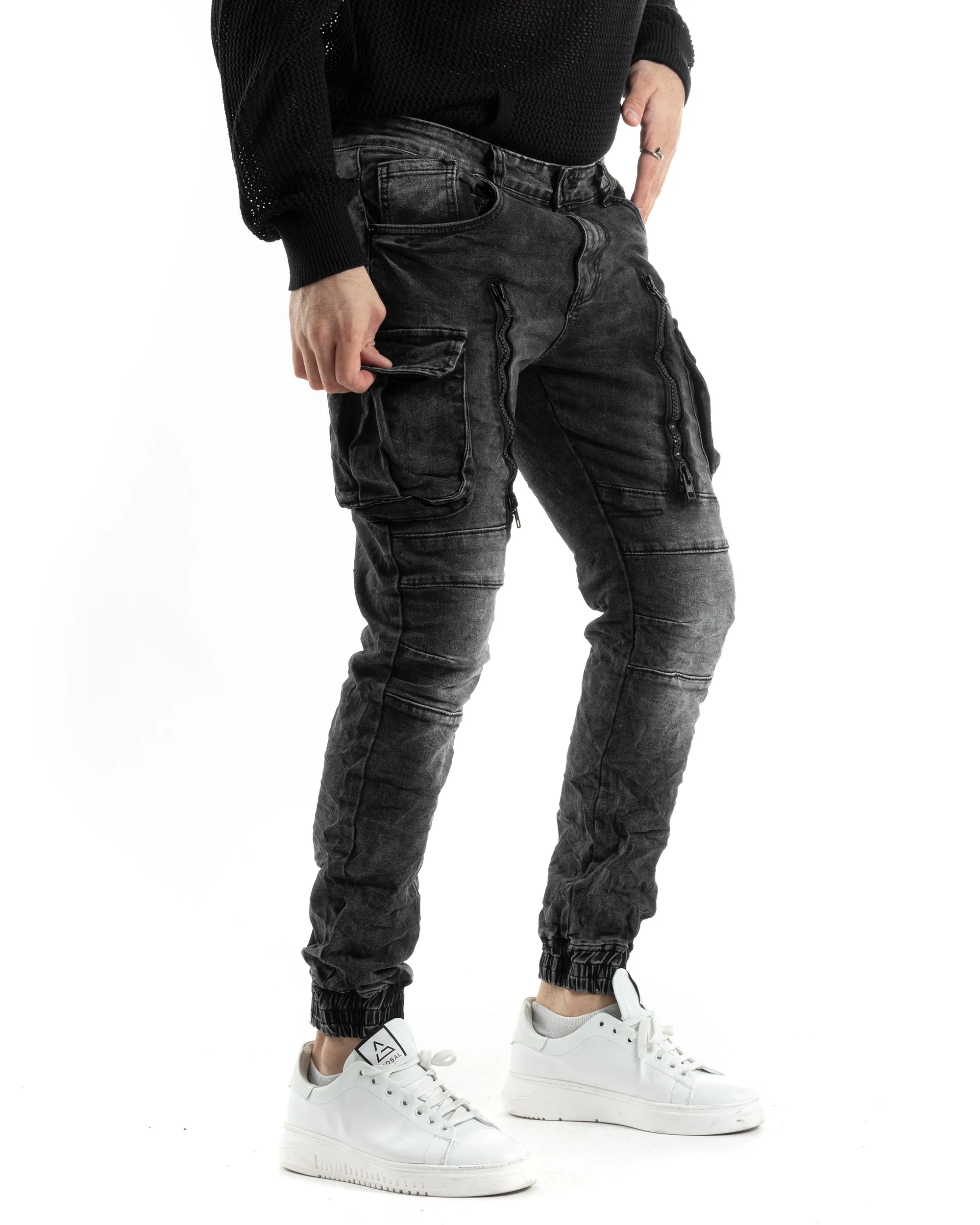 Pantaloni Uomo Jeans Con Tasconi Cargo Biker Con Zip Skinny Nero GIOSAL-JS1021A