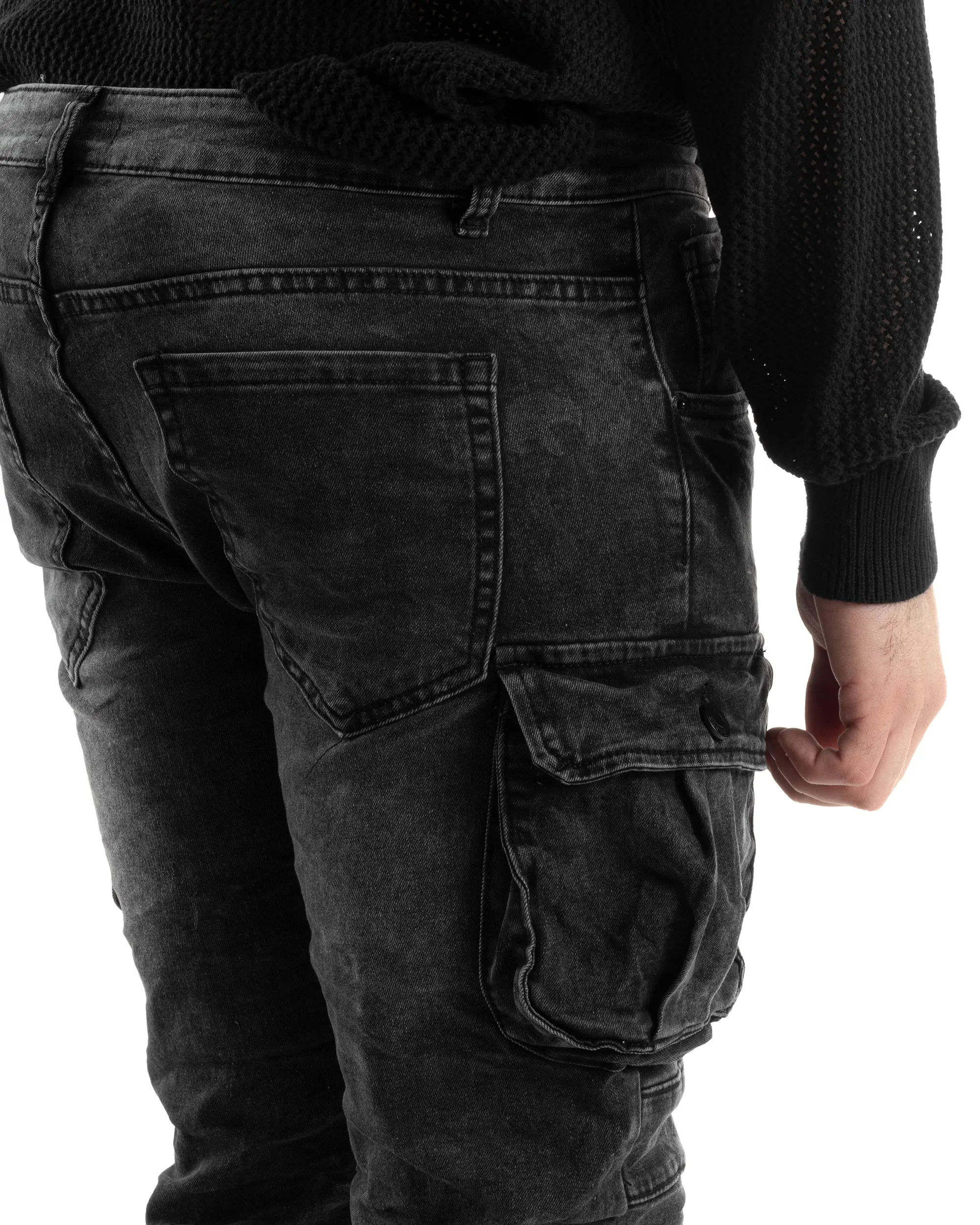 Pantaloni Uomo Jeans Con Tasconi Cargo Biker Con Zip Skinny Nero GIOSAL-JS1021A