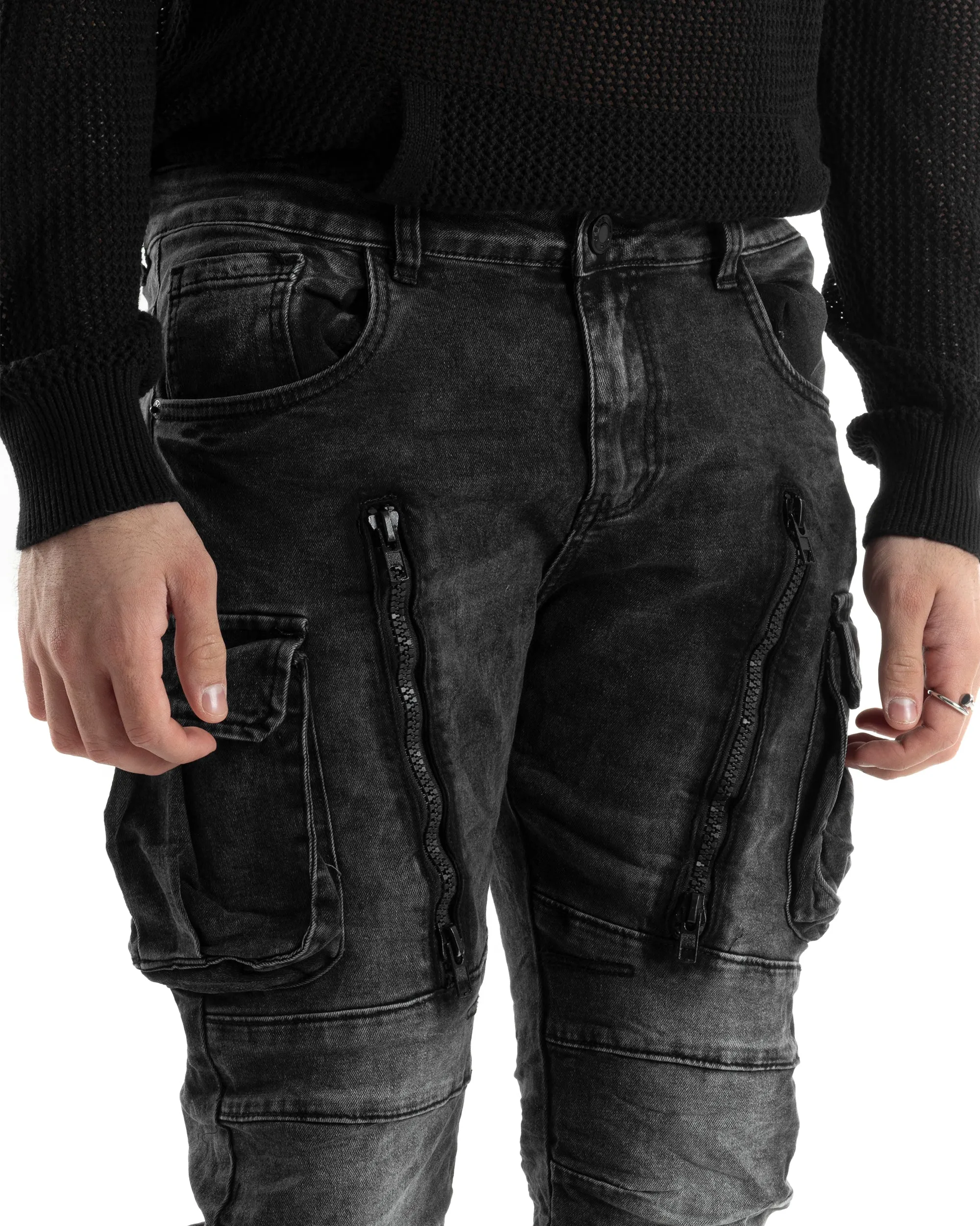 Pantaloni Uomo Jeans Con Tasconi Cargo Biker Con Zip Skinny Nero GIOSAL-JS1021A