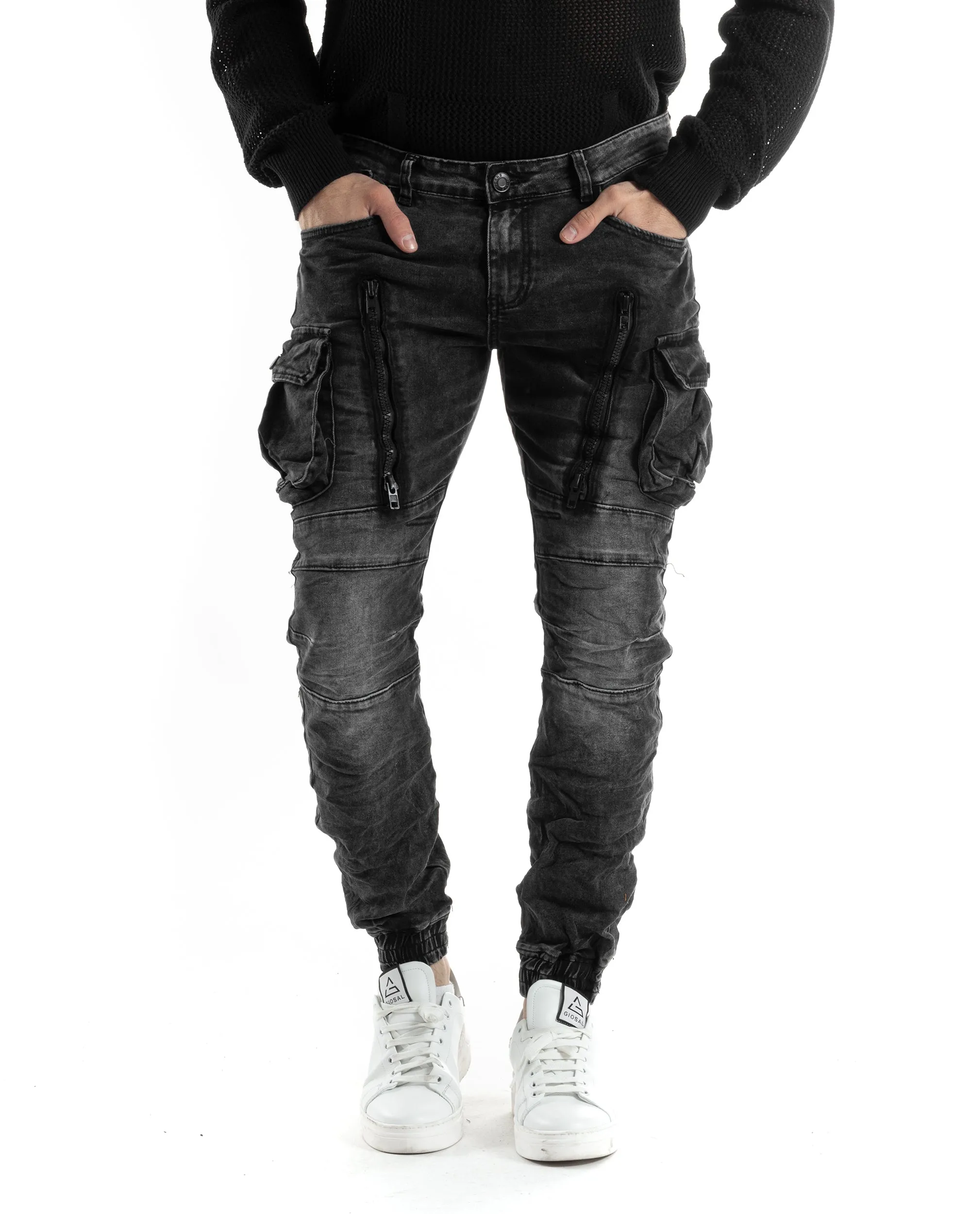 Pantaloni Uomo Jeans Con Tasconi Cargo Biker Con Zip Skinny Nero GIOSAL-JS1021A