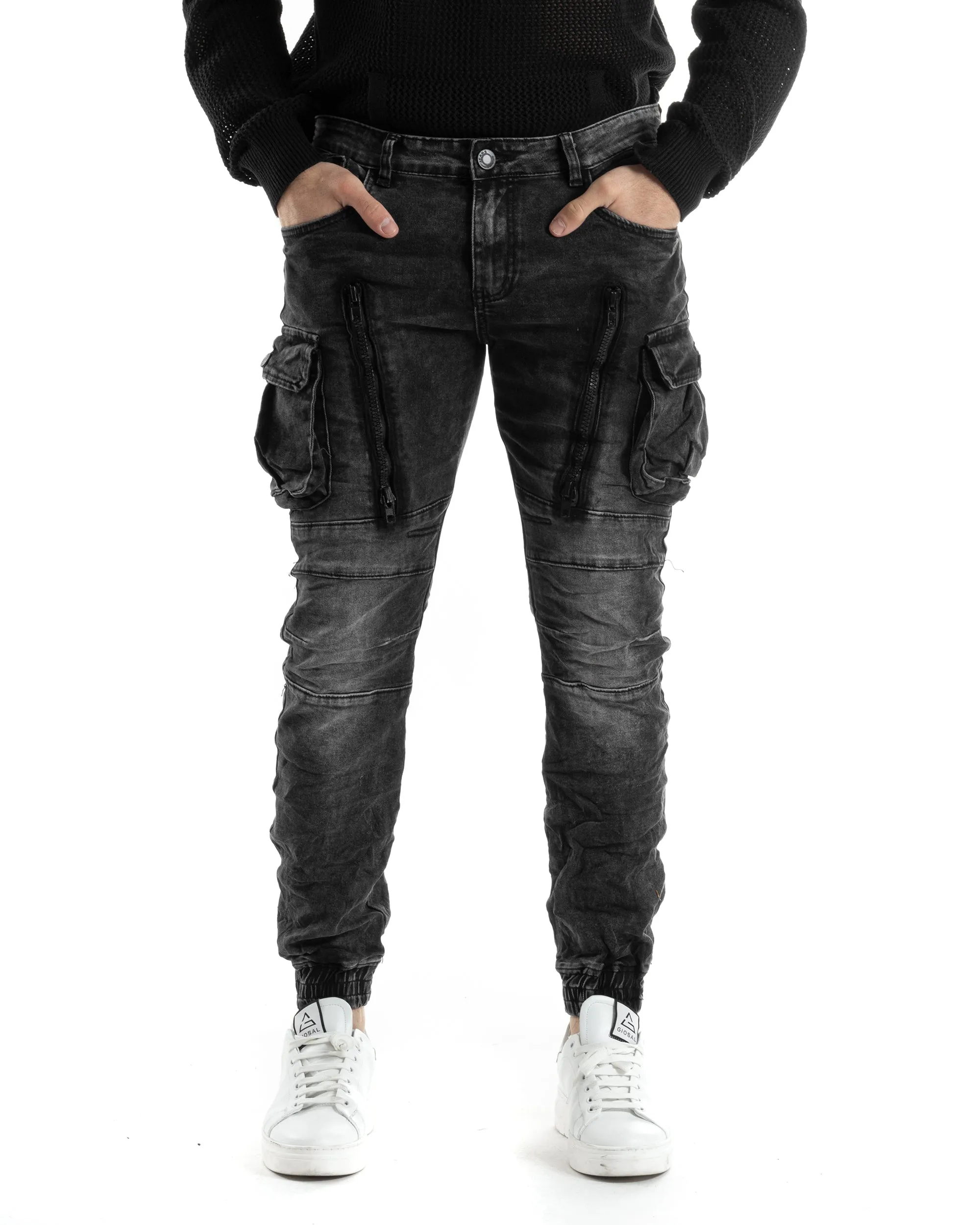 Pantaloni Uomo Jeans Con Tasconi Cargo Biker Con Zip Skinny Nero GIOSAL-JS1021A