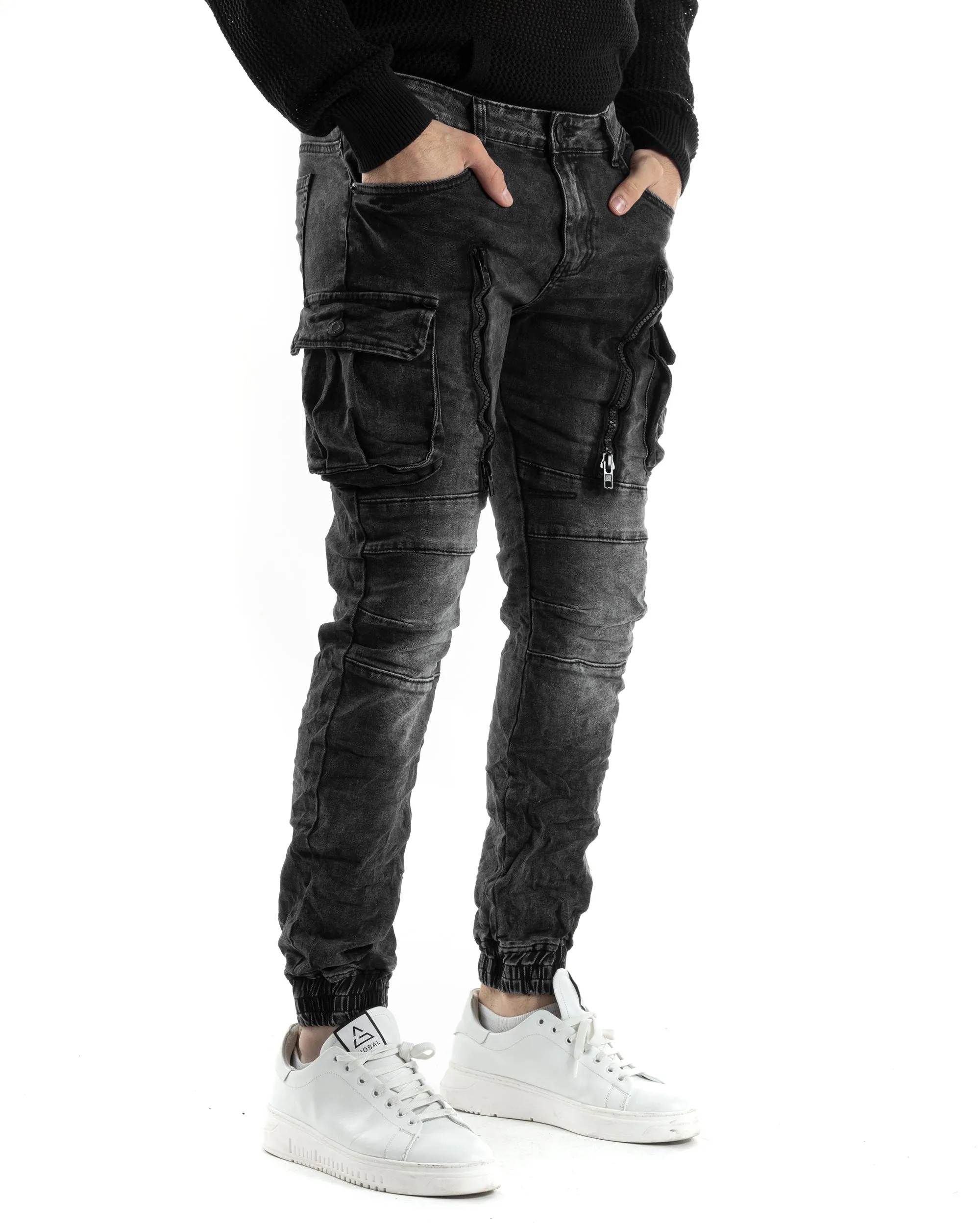 Pantaloni Uomo Jeans Con Tasconi Cargo Biker Con Zip Skinny Nero GIOSAL-JS1021A