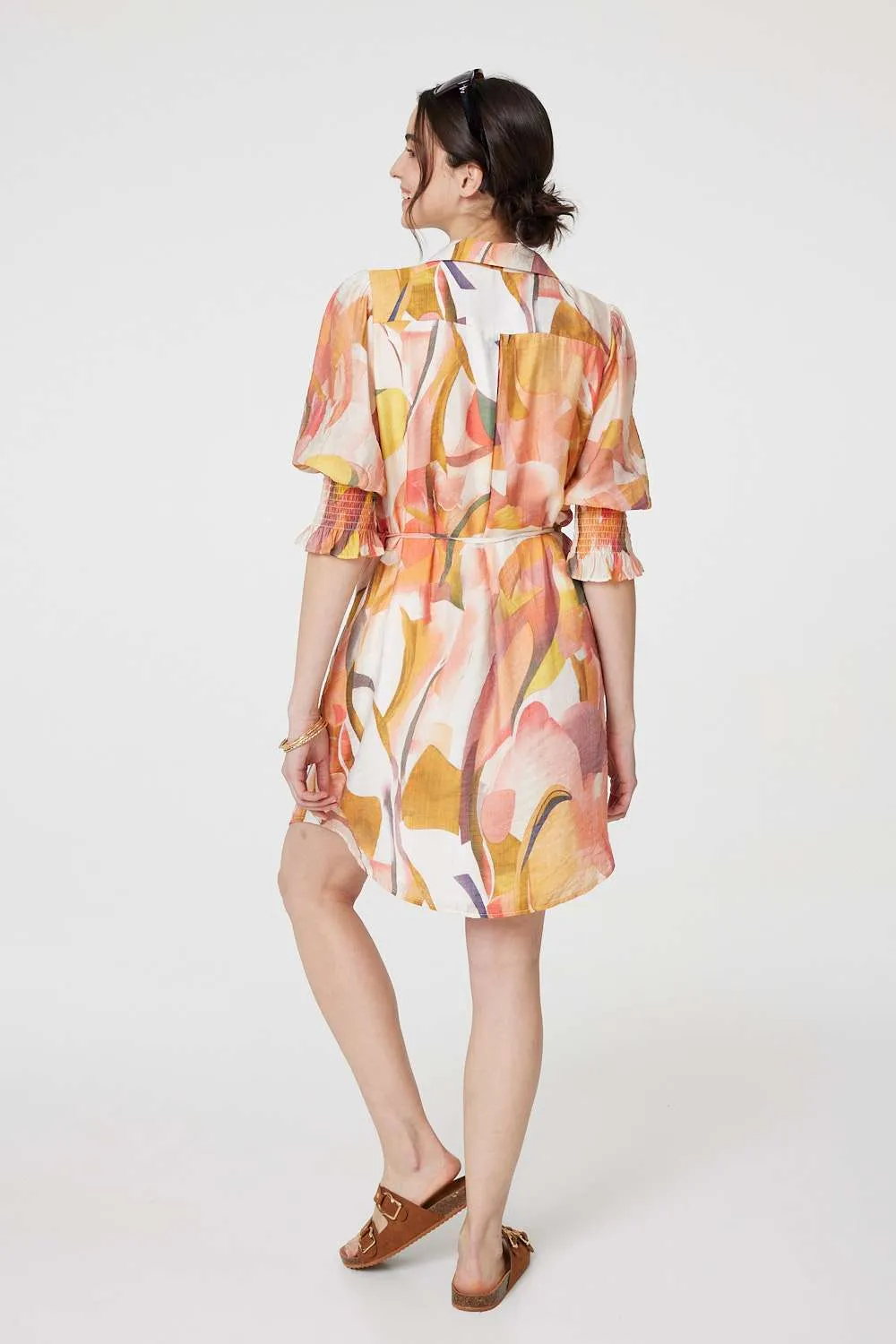 Printed 3/4 Puff Sleeve Shirt Dress