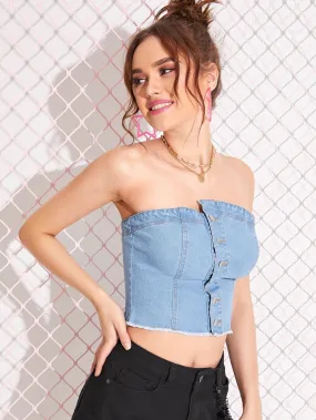 Raw Hem Button Front Tube Denim Top