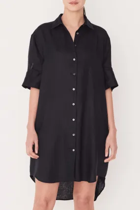 Shirt Dress Navy Linen Short Sleeved