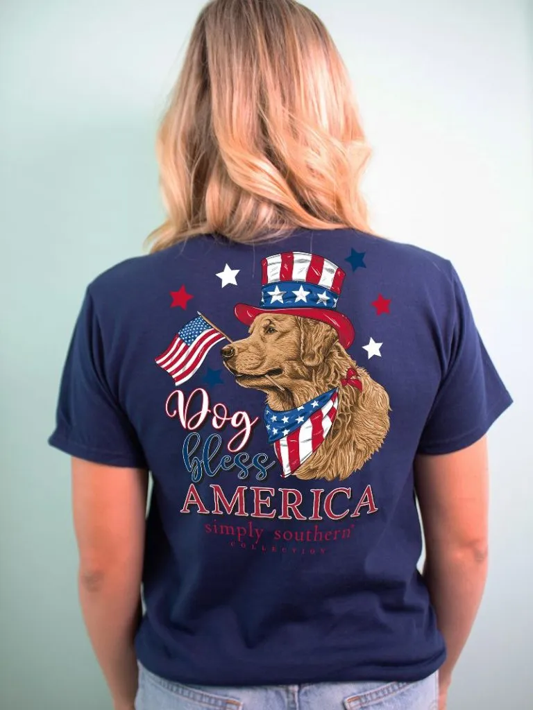 Simply Southern Dog Bless America Short Sleeve Tee with Patriotic Pup