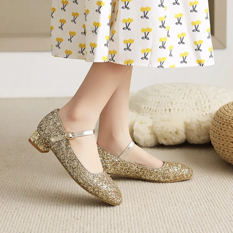 Square Toe Sequins Mary Janes Low Heels Women's Pumps