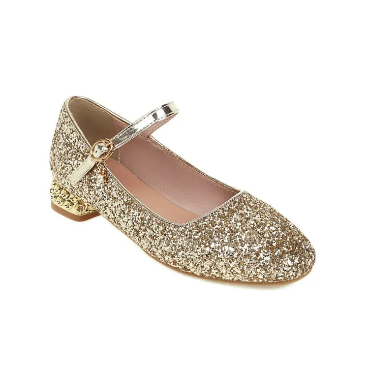 Square Toe Sequins Mary Janes Low Heels Women's Pumps