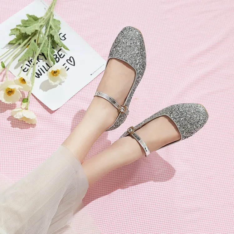 Square Toe Sequins Mary Janes Low Heels Women's Pumps