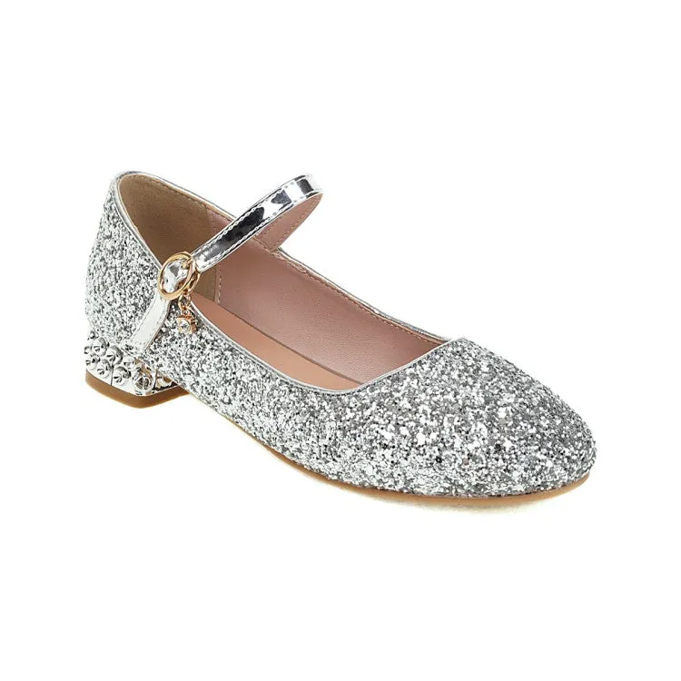 Square Toe Sequins Mary Janes Low Heels Women's Pumps