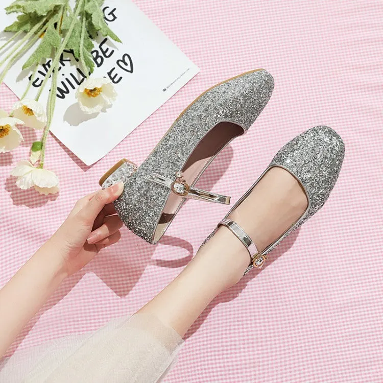 Square Toe Sequins Mary Janes Low Heels Women's Pumps