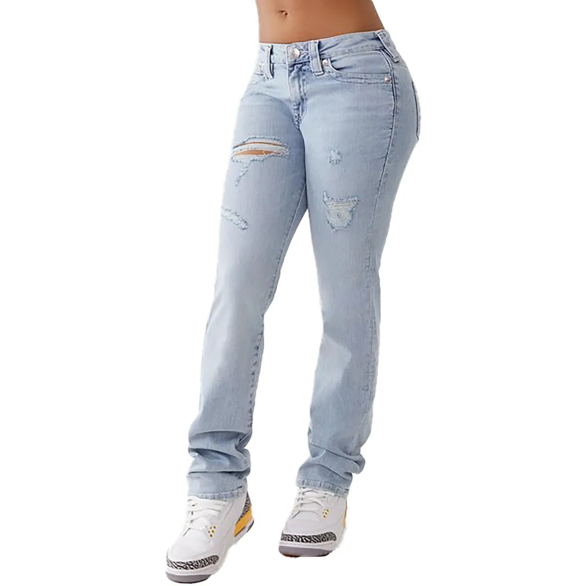 True Religion Womens Billie Mid-Rise Destroyed Straight Leg Jeans