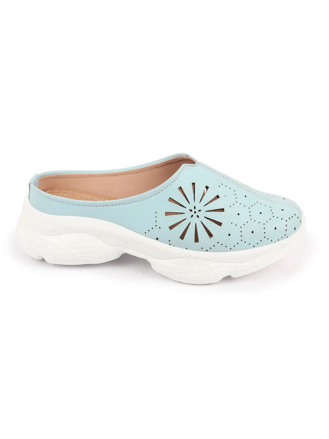 Women Sky Blue Laser Cut Design Stitched Breathable Back Open Slip On Mules Shoes