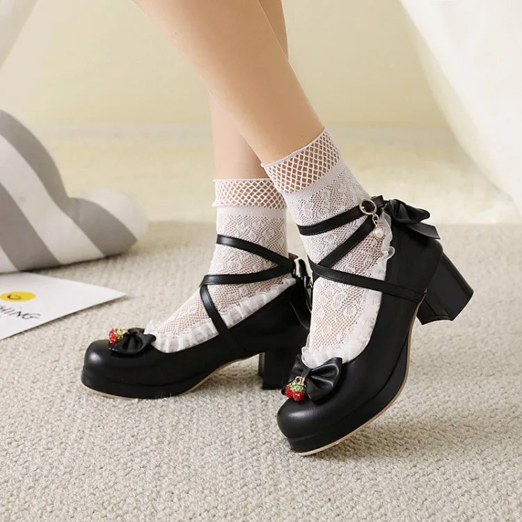 Women's Lolita Lace Bow Tie Chunky Heel Platform Pumps