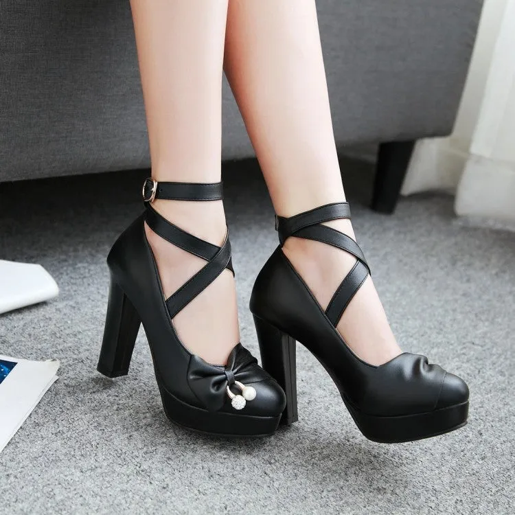 Women's Strappy Bowtie High Heel Chunky Heels Platform Pumps