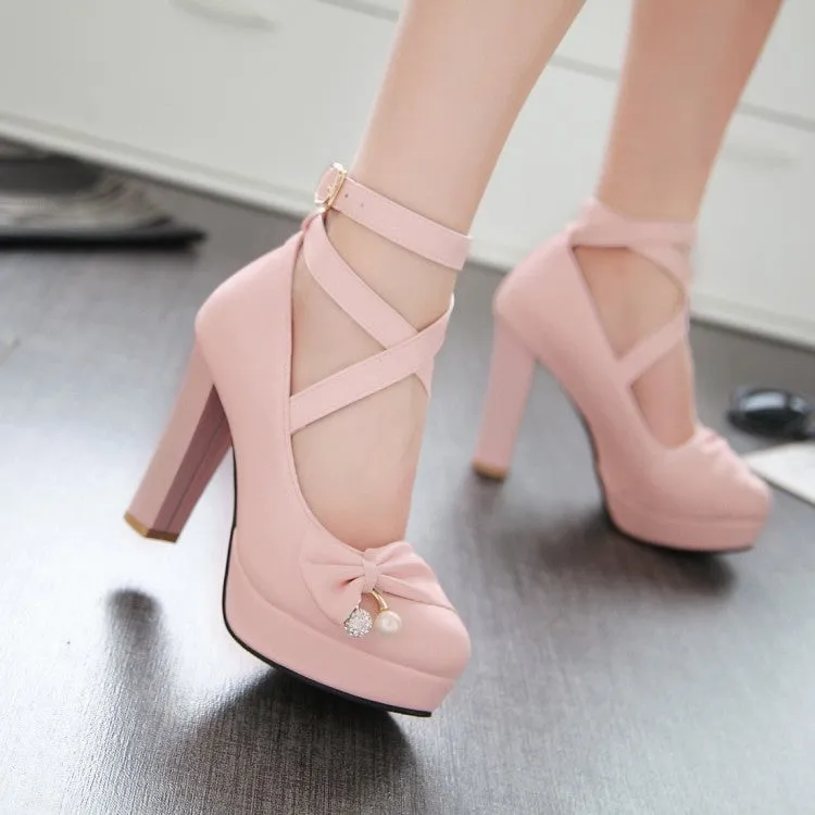 Women's Strappy Bowtie High Heel Chunky Heels Platform Pumps