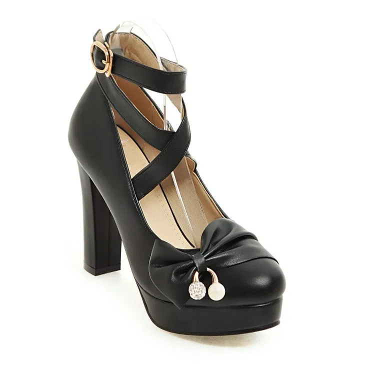 Women's Strappy Bowtie High Heel Chunky Heels Platform Pumps