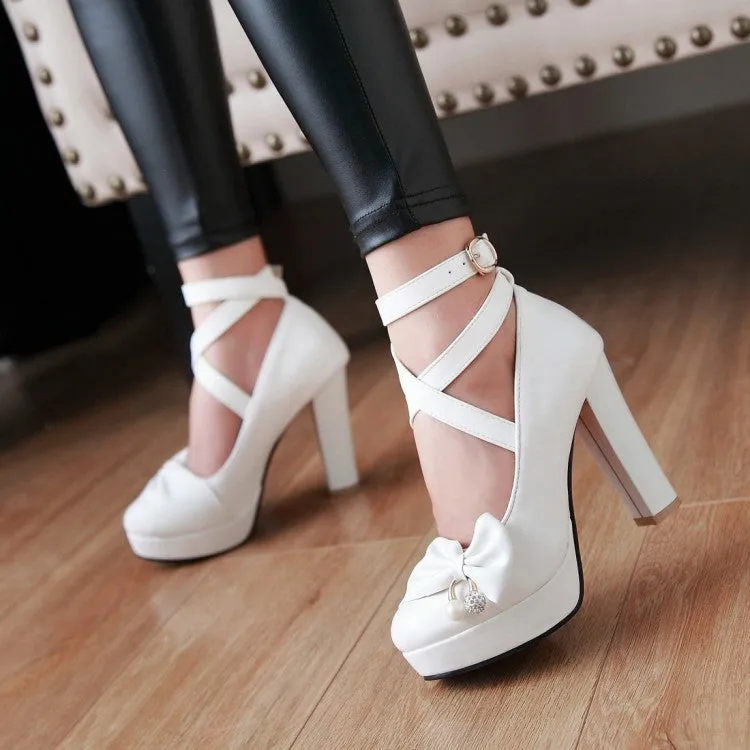 Women's Strappy Bowtie High Heel Chunky Heels Platform Pumps