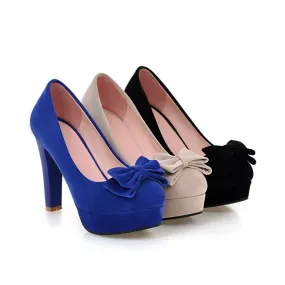 Women's Suede Almond Toe Butterfly Knot Chunky Heels High Heel Platform Pumps