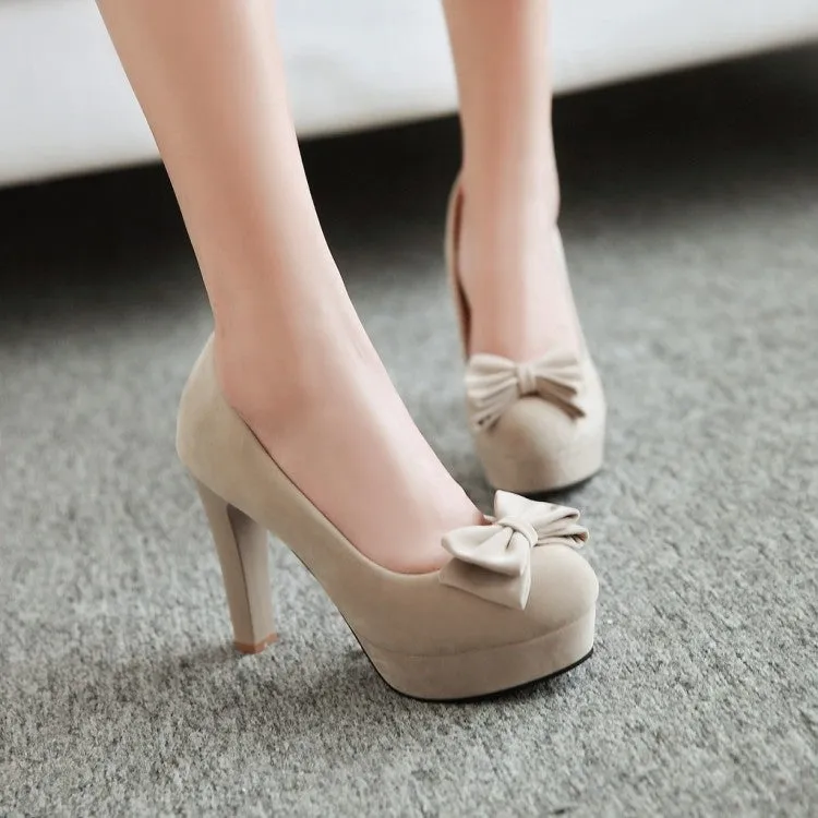 Women's Suede Almond Toe Butterfly Knot Chunky Heels High Heel Platform Pumps