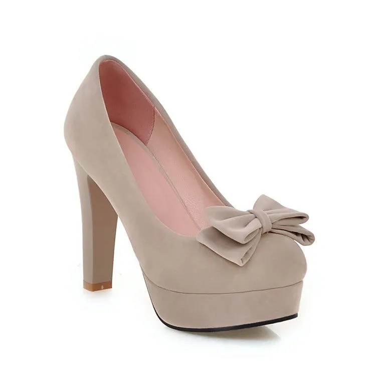 Women's Suede Almond Toe Butterfly Knot Chunky Heels High Heel Platform Pumps