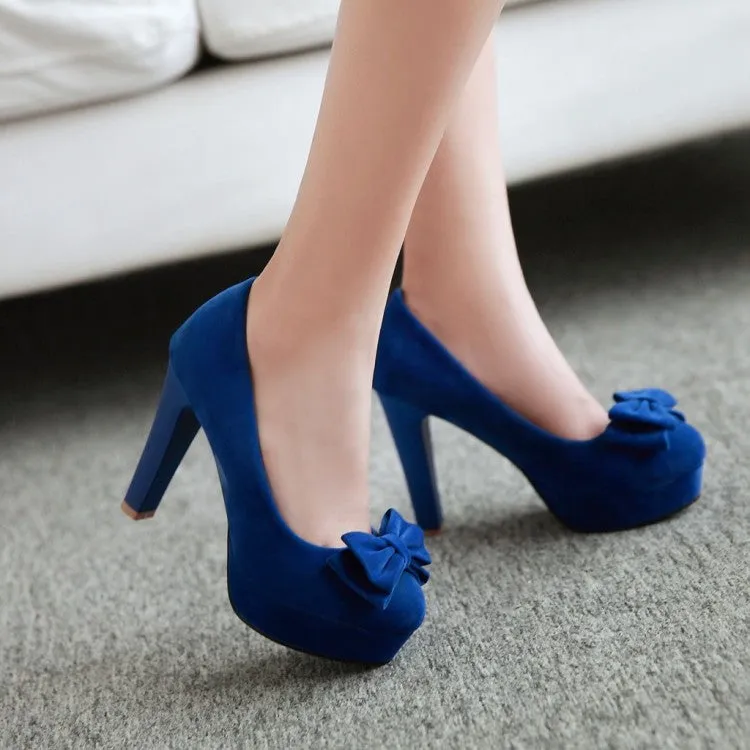 Women's Suede Almond Toe Butterfly Knot Chunky Heels High Heel Platform Pumps