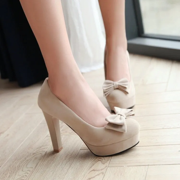 Women's Suede Almond Toe Butterfly Knot Chunky Heels High Heel Platform Pumps