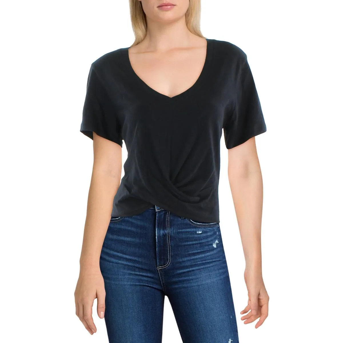 Womens V-Neck Twist Hem Pullover Top