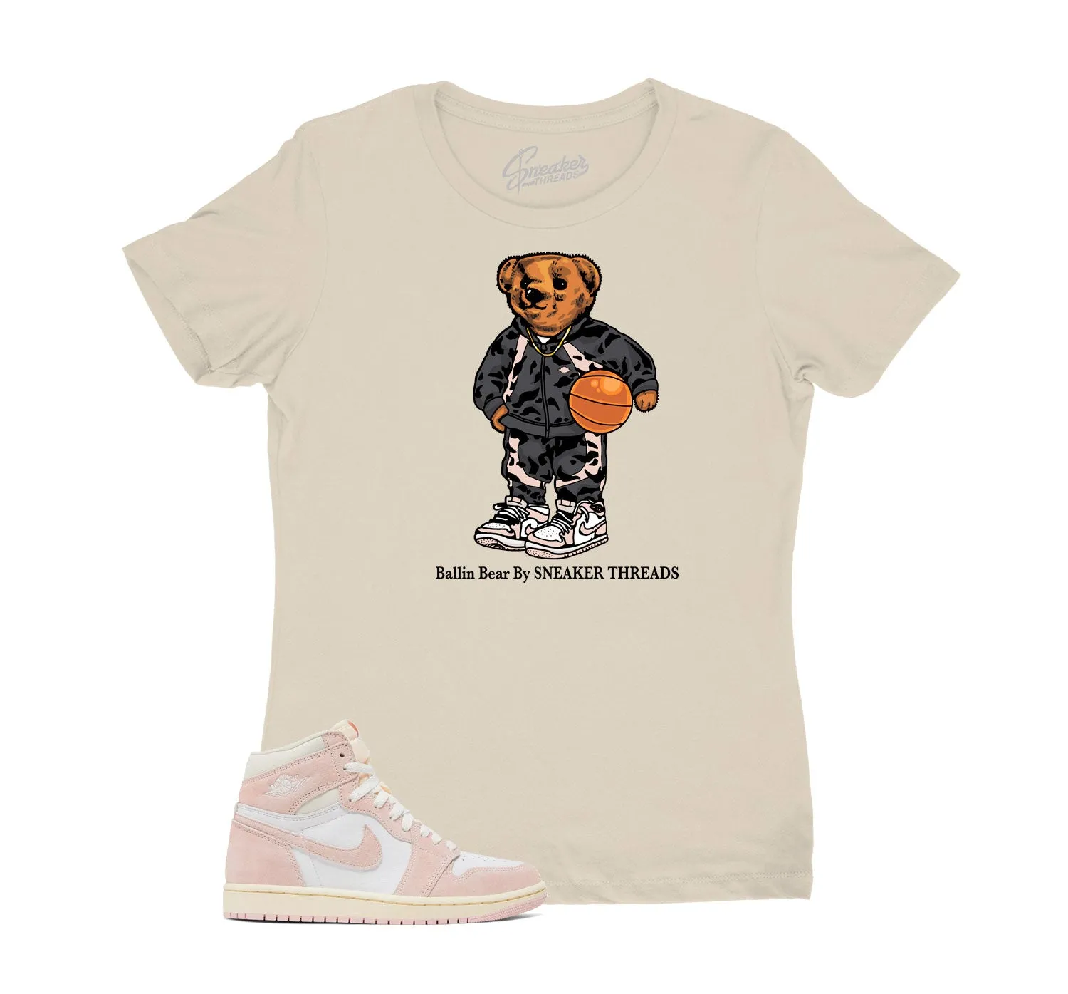 Womens Washed Pink 1 Shirt - Ballin Bear - Natural